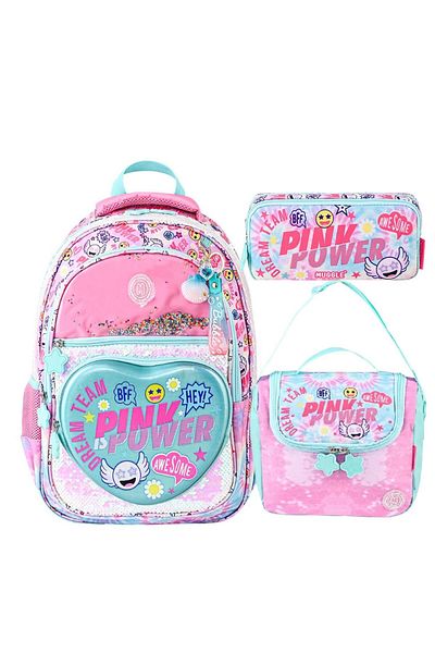 MUGGLE 4 Compartment Pink Power School Bag + Lunch Box + Pen Holder Pink Set of 3