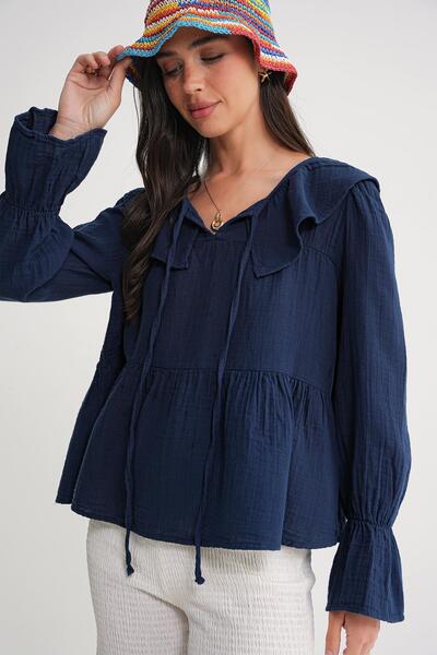 Mixray 4714 Жіноча блуза з воланами та об'ємним коміром з мусліну, темно-синя