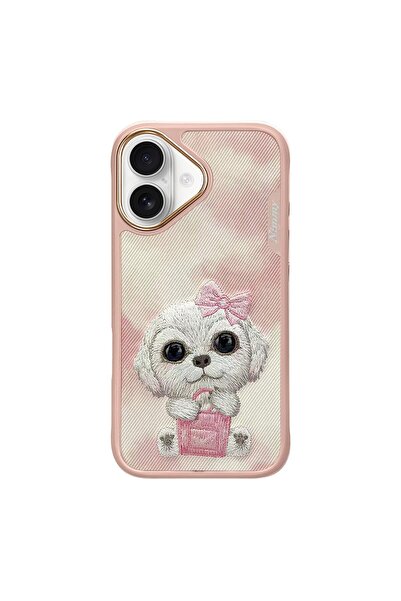 Nimmy iPhone 16 Uyumlu 3D Göz Pembe Köpek Detaylı Gerçek Nakış İşlemeli Kabar...