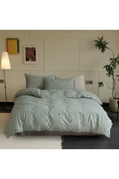 Pucioasa 100% cotton bed linen with elastic, green with checks