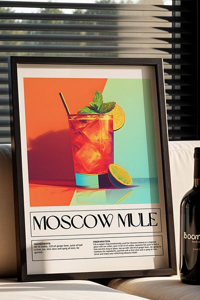 HİGUERA Moscow Mule Ilustrație colorată BAR Tablou de perete de bucătărie cu rame din lemn natural