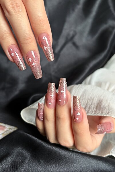 Easy Beauty Orta Küt 24 Adet Takma Tırnak Seti Simli ve Yıldızlı Tırnak R737