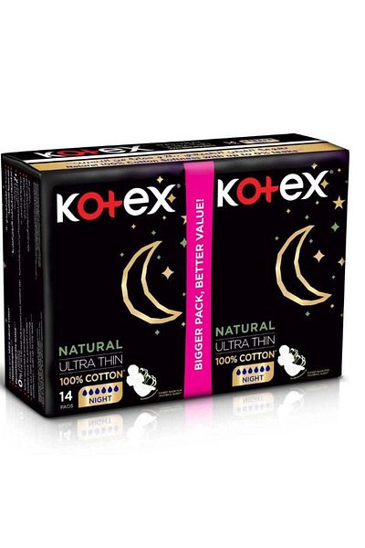Kotex فوط صحية طبيعية رقيقة للغاية مصنوعة من القطن بنسبة 100%، ليلية بأجنحة، 14 فوطة صحية