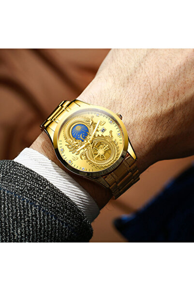 Cyber New Dragon Phoenix men's luxury business watch moon and star Glow in the dark calendar gold plated