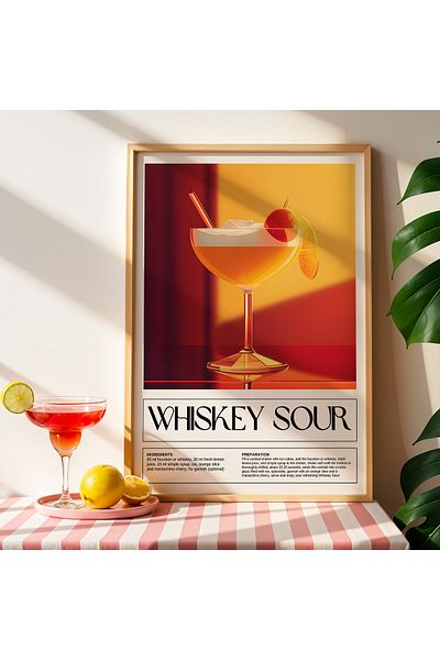 HİGUERA Whiskey Sour Cocktail BAR Tablou de perete de bucătărie cu cadru din lemn natural