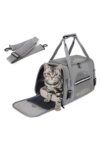 TRADE BAY Airline Approved Soft Sided Pet Carrier with Fleece Pad (43x 25x28cm, Gray(with Fluff cushion))