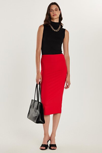 Tudors Kadın Slim Fit Dar Kesim Midi Boy Kırmızı Etek