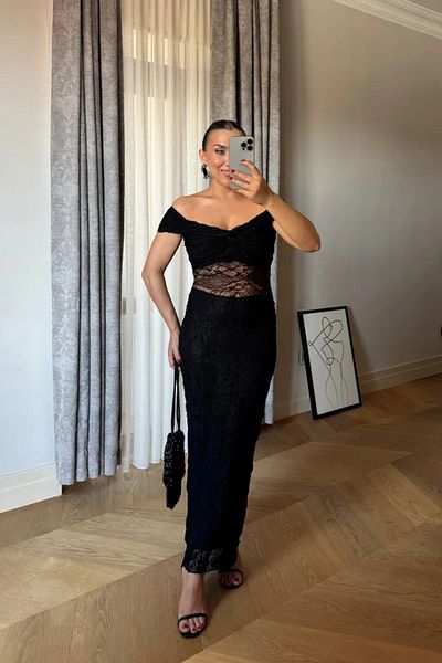 Tuba Butik Boat Neck Lace Long Dress