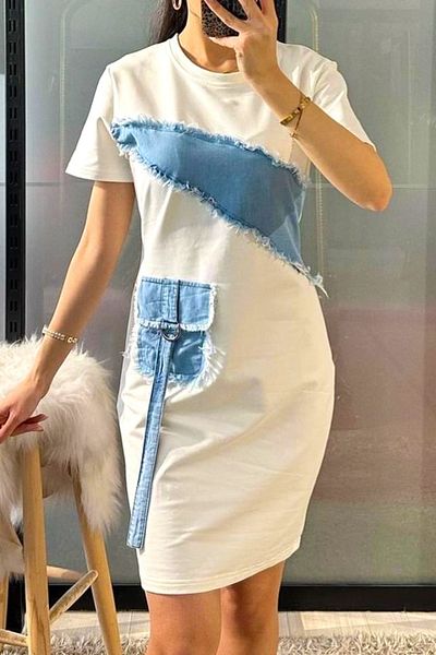 FashionForYou Rochie casual Nymar, cu detalii din denim și mâneci scurte, Alb, M