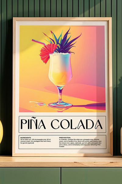 HİGUERA Pina Colada Ilustrație colorată BAR Tablou de perete de bucătărie cu rame din lemn natural
