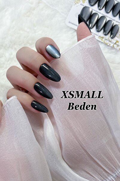 Easy Beauty XSMALL Beden Siyah Kedi Gözü Tırnak Orta Badem 10 Adet Takma Tırn...