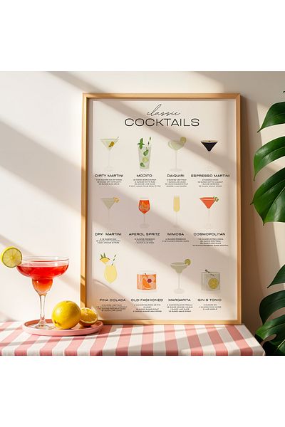 HİGUERA Opțiuni clasice de cocktail BAR Tablou de perete pentru bucătărie cu cadru din lemn natural