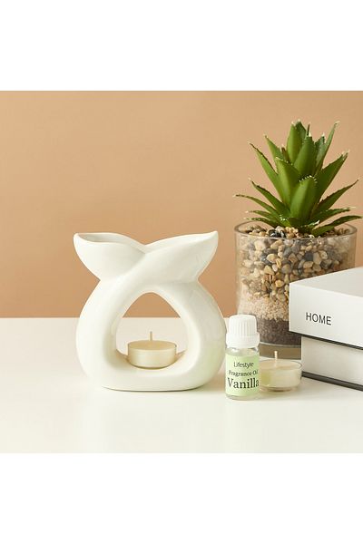 Lifestyle Ceramic Oil Burner with Tealight Candle and Fragrance Oil Gift Set
