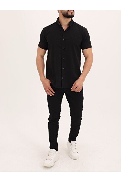 cliento Erkek Büyük Beden Battal Boy Siyah Kısa Kollu Keten Gömlek