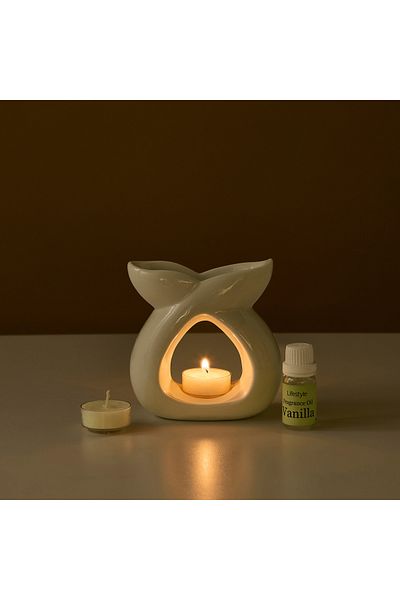 Lifestyle Ceramic Oil Burner with Tealight Candle and Fragrance Oil Gift Set
