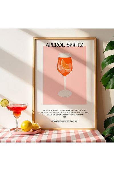 HİGUERA Aperol Spritz Minimalist Cocktail BAR Tablou de perete de bucătărie cu cadru din lemn natural