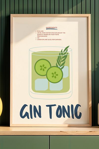 HİGUERA Gin Tonic Minimalist BAR Tablou de perete de bucătărie cu cadru din lemn natural