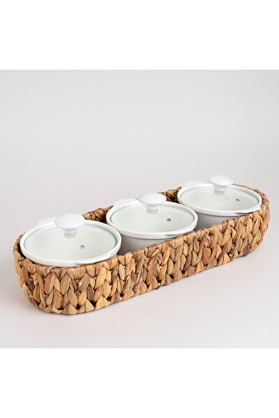 LA MESA Porcelain 3Pcs Round Casseroles With Lid And Rattan Basket