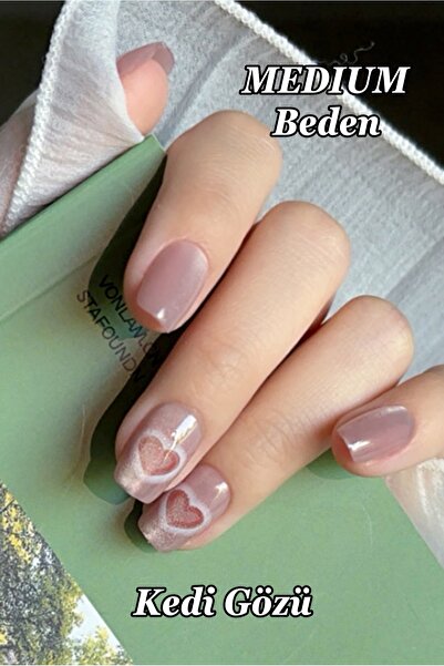 Easy Beauty MEDIUM Beden Kısa Takma Tırnak Kedi Gözü Kalp 10 Adet T005