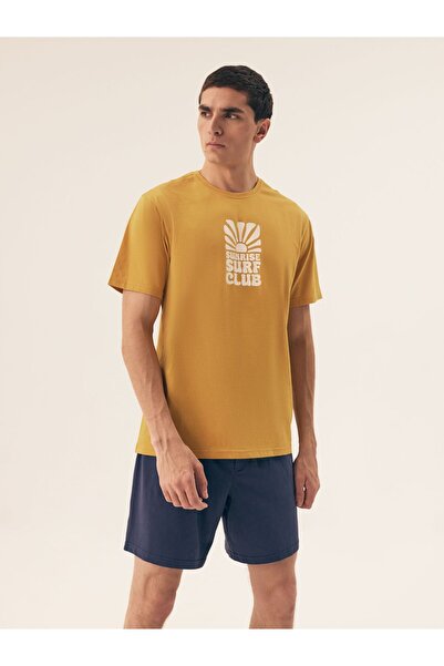 ESOTIQ Set pijama clasic scurt pentru bărbați, format din 2 piese, pantaloni scurți și tricou, 100% bumbac, cu grafică | Soare