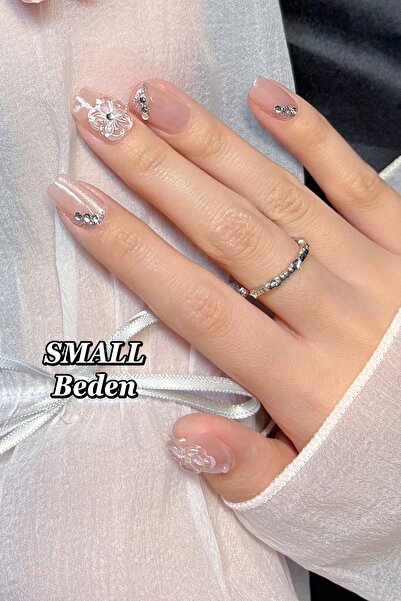 Easy Beauty SMALL Beden Kısa Takma Tırnak Çiçek Charm 10 Adet Takma Tırnak Se...