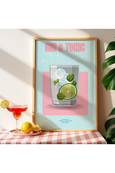 HİGUERA Gin Tonic Pink Floor BAR Tablou de perete pentru bucătărie cu cadru din lemn natural