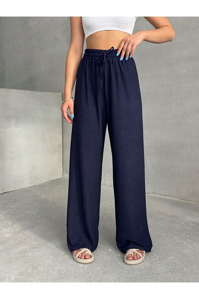 BEJNA Women's Dark Navy Blue Elastic Waist Palazzo Trousers