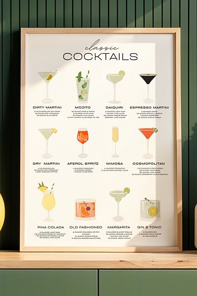 HİGUERA Lista de cocktailuri colorate Minimalist BAR Tablou de perete de bucătărie cu cadru din lemn natural