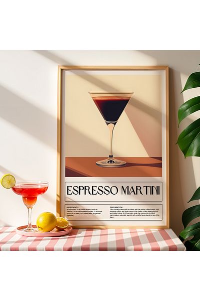 HİGUERA Esppresso Martini Ilustrație BAR Tablou de perete de bucătărie cu cadru din lemn natural