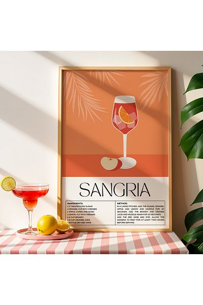 HİGUERA Sangria Cocktail Modern BAR Tablou de perete pentru bucătărie cu cadru din lemn natural
