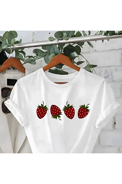 LAYORA Άνετο γυναικείο μπλουζάκι με κοντό μανίκι και στάμπα φράουλας