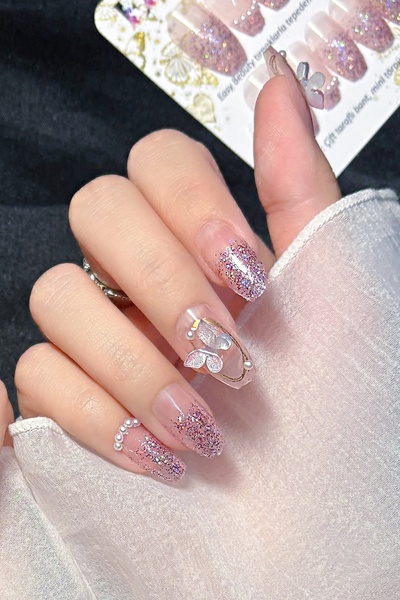 Easy Beauty Balerin Takma Tırnak Simli Kelebekli 24 Adet Takma Tırnak Seti Z343