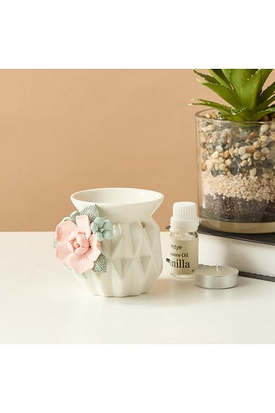 Lifestyle Floral Textured Ceramic Oil Burner- 10x8x8 cms