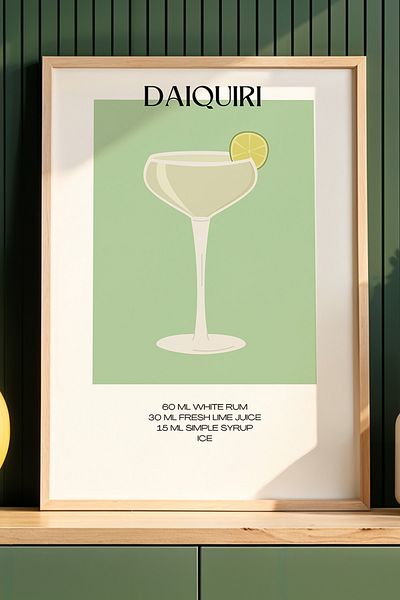 HİGUERA Daiquiri Cocktail BAR cu fundal verde Tablou de perete de bucătărie cu cadru din lemn natural
