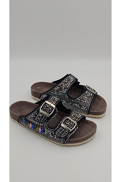 kalyoncu moda Mia Black Colored Shiny Stone Women's Slippers