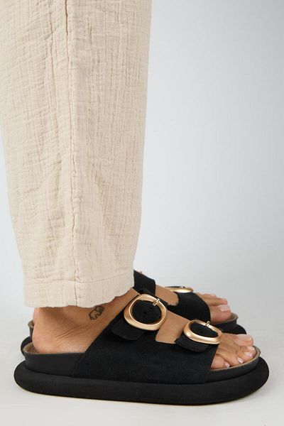 Manijero Narducci Women's Genuine Leather Double Buckle Black Slippers