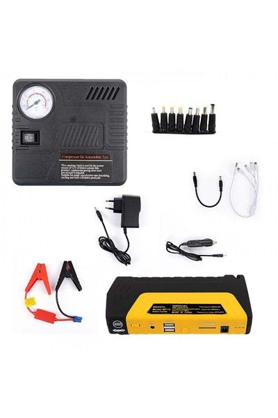divendi-ro Kit de pornire auto cu compresor de aer 150PSI, manometru și cabluri de curent, negru-galben