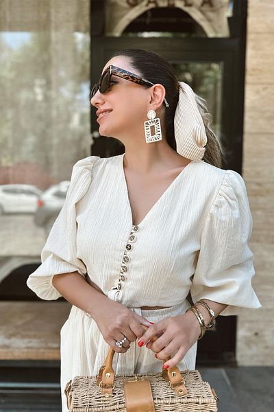 My Blog Stone V-Neck Button Detailed Crop Blouse Wide Leg Trousers Linen Suit - 8045