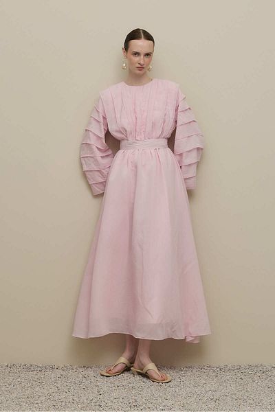Fahhar Wide Sleeve Rib Detailed Dress Light Pink