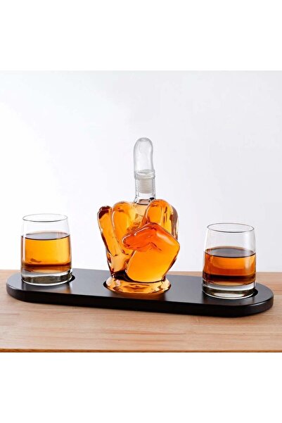 divendi-ro Set glass decanter 750ml in hand shape + 2 glasses and wooden holder, transparent dark brown