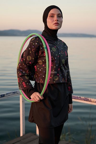 Bipantolon Γυναικείο Σετ μαγιό Hijab Neon Geometry Printed Full Cover 3 τεμαχίων