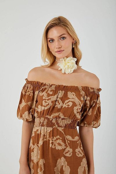 Mixray 4313 Rochie de damă cu mâneci balon maro