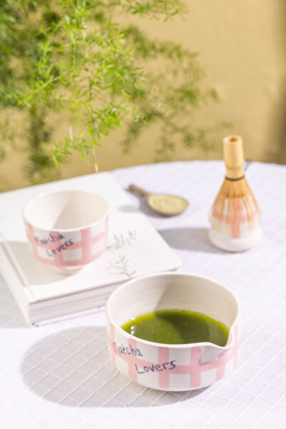 Petra Seramik Matcha Lovers Yazılı Seramik Matcha Seti Pembe Kareli
