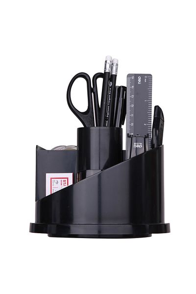 Deli Organizator de birou rotativ, 7 compartimente, 16 accesorii incluse, negru, design compact
