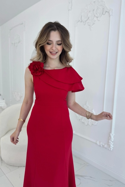 HELİS BUTİK Asymmetrical Flywheel Detailed Red One Shoulder Evening Dress
