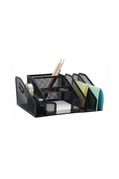 OEM Fornax Mesh Desk Organizer, 6 Compartments, Tape Dispenser Slot, Black Metal, Compact Design