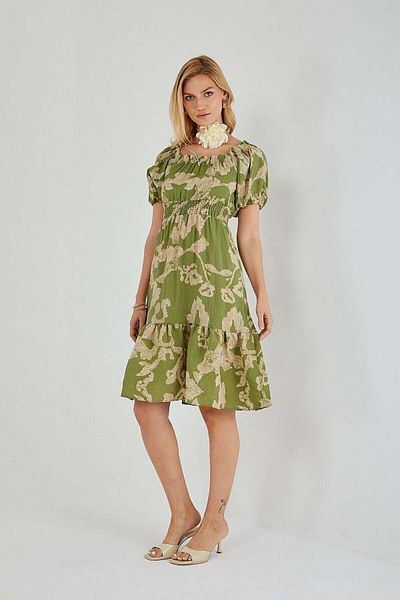 Mixray 4313 Rochie de damă cu mâneci balon cu model verde