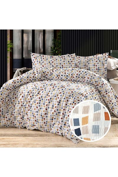 Pucioasa Crepe linen for 1 person with multicolored squares, 100% cotton, duvet cover 160x220cm