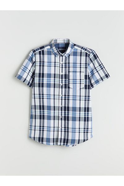 LC Waikiki Indigo Regular Fit Short Sleeve Plaid Poplin Men's Shirt