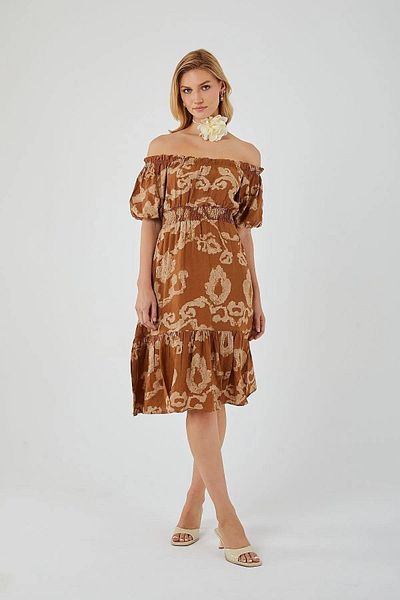 Mixray 4313 Rochie de damă cu mâneci balon maro